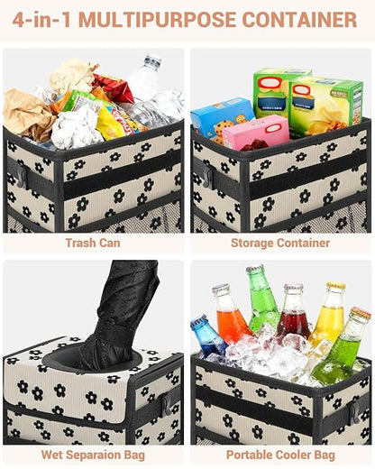 Capolo Car Trash Can with Lid, Leakproof Car Garbage Can Car Trash Bag | Waterproof, Trash Can for Car, 3 Mesh Pockets, Mini Hanging Vehicle Car Trash Bin, for Back/Front Seat (Black Flower,3 Gal) - Image 5