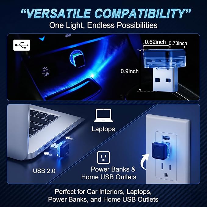 4 PCS Car Interior USB LED Lights, Square Ambient Mood Decorative Lamp, Portable Mini Soft Glow Night Light, Universal Plug and Play Lighting Accessory for Car & Home & Camping (Blue) - Image 4
