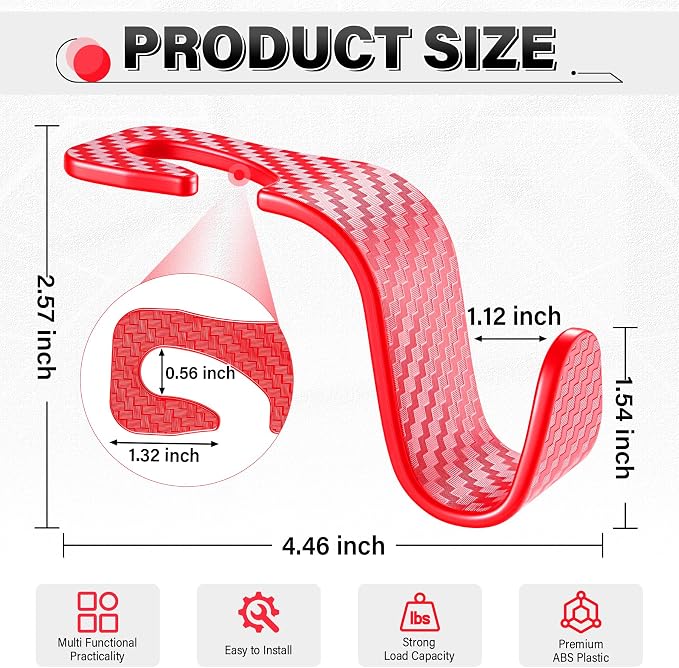 SINGARO Universal 4 Pack Car Seat Headrest Purse Hook, Carbon Fiber Back Seat Hook Storage Organizer Hanger for Purse Handbag Coat, Car Interior Accessories(Red) - Image 2