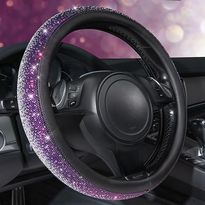 CAR PASS Bling Diamond Leather Steering Wheel Cover, Bling Sparkly Crystal Glitter Rhinestones Universal Fit 14" 1/2-15" Car Wheel Protector for Women Girl Fit Suvs,Vans,Sedans,Trucks, Purple Silver by CARPASS