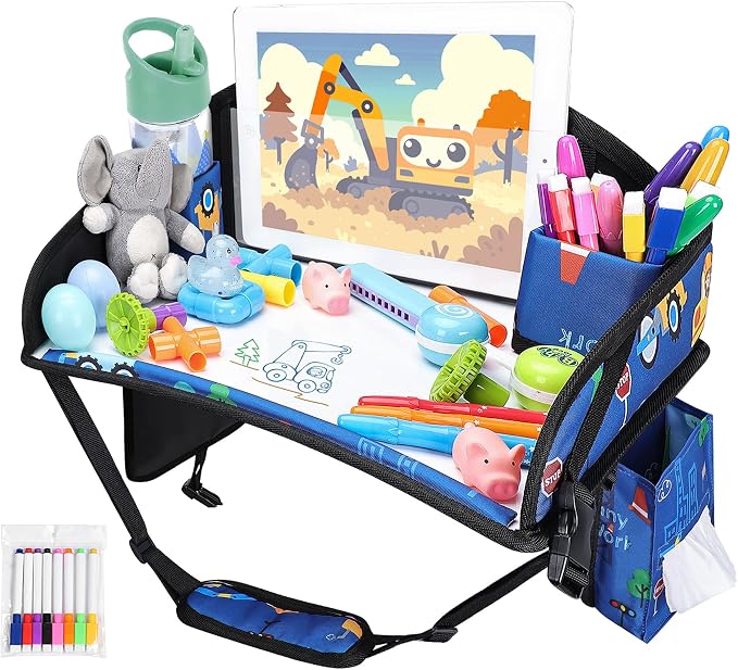 Kids Travel Tray for Toddler Car Seat, Road Trip Activities for Kid | Toddler Car Activities with No-Drop iPad Holder Stand, Roadtrip Essentials with Dry Erase Board & Cooler Cup Holder, Blue by WENRENER