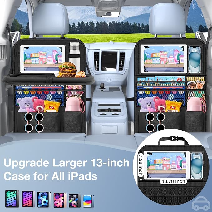 Car Backseat Organizer with Table Tray(2-Pack) 9 Storage Pockets Backseat Car Organizer and storage with Tablet Holder, Kick Mats Back Seat Cover for Kids family Road Trip Essentials Travel | 600d Oxford Fabric, Waterproof & Easy-Clean, Foldable Tray S... - Image 4