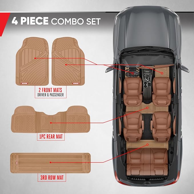 Motor Trend 3-Row Heavy Duty Rubber Floor Mats & Liners for Car SUV Van, Front 2nd & 3rd Row Durable Polymerized Latex Full Interior Protection, Extra-High Ridgeline Design, Beige - Image 3