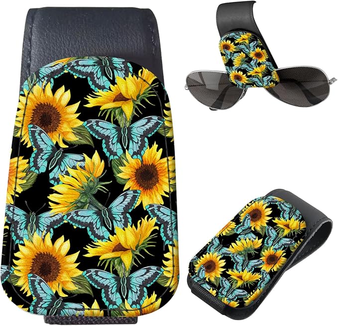 Sunglasses Holder for Car Visor, PU Leather Glasses Clip Organizer, Cute Magnetic Eyeglass Holder for Vehicle Sun Visor, Car Interior Accessory for Women & Men Sunflower Butterfly Field by Unknown