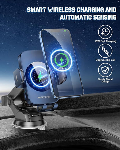 3-in-1 Wireless Car Charger Mount, 15W Fast Charging Auto-Clamping Phone Holder for iPhone 17 16 15 14, Samsung Galaxy S24 S23, Dashboard, Vent & Windshield Car Mount(Deep Blue) - Image 2