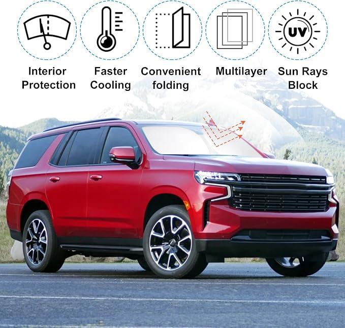 Windshield Sun Shade for 2021-2026 Chevrolet Tahoe Accessories | Full covered for windshield, Foldable & Durable, Block UV Rays, Reduce Heat, Easy to install, Keep Car Cooler - Image 2