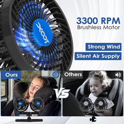 XOOL USB Dual Head Backseat Car Fan – 360° Rotatable Rear Seat Air Circulator with Stepless Speed & Adjustable Clip for Kids in SUV, Truck, RV - Image 7