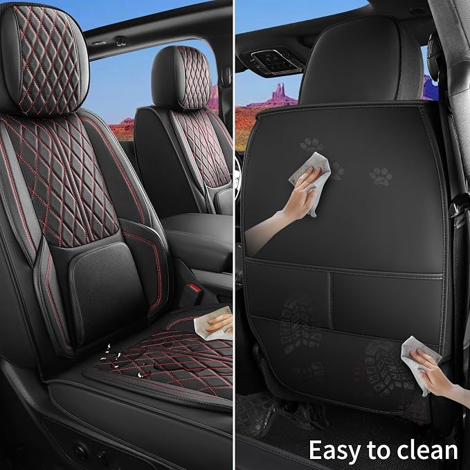 Custom Fit Chevy Silverado GMC Sierra 1500 2007-2026 2500/3500 HD Crew Cab Full Set Car Seat Covers - 5 Pack, Premium Faux Leather Truck Seat Protector with Airbag Compatible Design, BlackRedLine - Image 5