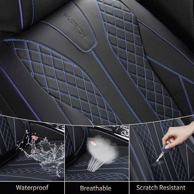 FLORICH Automotive Car Seat Covers Front Seat, Leather Car Seat Cover 2 Pack Waterproof Front Seat Covers Full Coverage Driver Seat Protector Universal Fit for Most Cars SUV Trucks, Black&Blue Line - Image 5