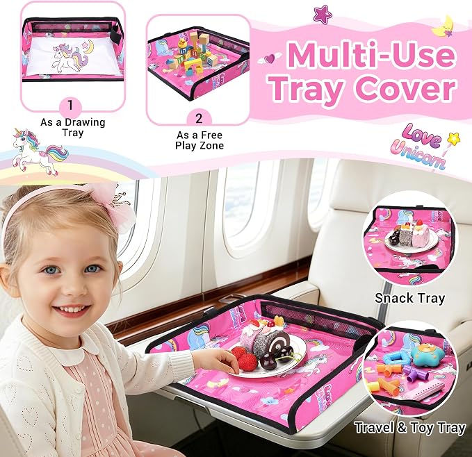 COOLBEBE Airplane Tray Table Cover, Foldable Travel Tray Cover | for Toddlers 1-3, Universal Fit for Airplane, Car Seat, High Chair, Machine Washable, Portable, Pink Unicorn - Image 4