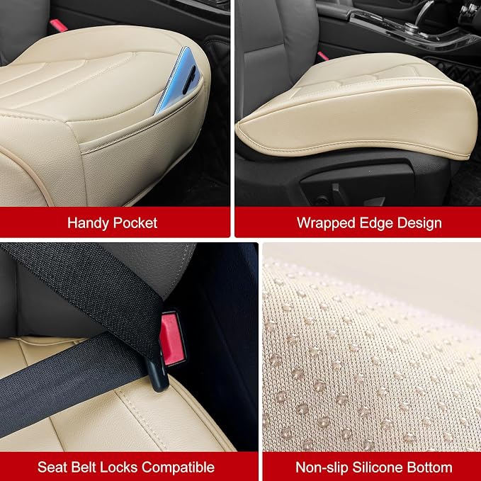 BOPUOVRE Car Seat Cover for Luxury & Comfort PU Leather | Anti Slip Full Wrap Protection Storage Pocket Cushion Universal Fit 95% Vehicles Yellowish White 2 Piece - Image 5