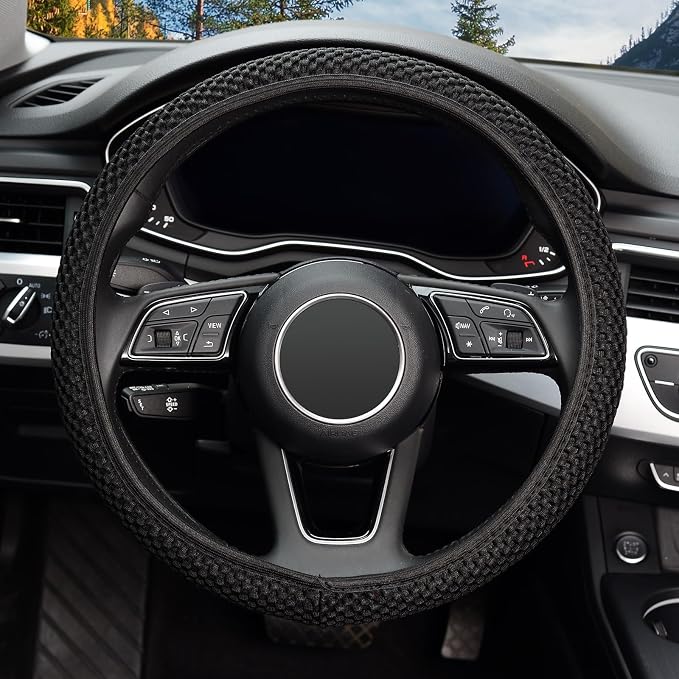 KAFEEK Elastic Stretch Steering Wheel Cover, Universal 15 Inch, Black | Warm in Winter and Cool in Summer, Microfiber Breathable Ice Silk, Anti-Slip, Odorless, Easy Carry - Image 2