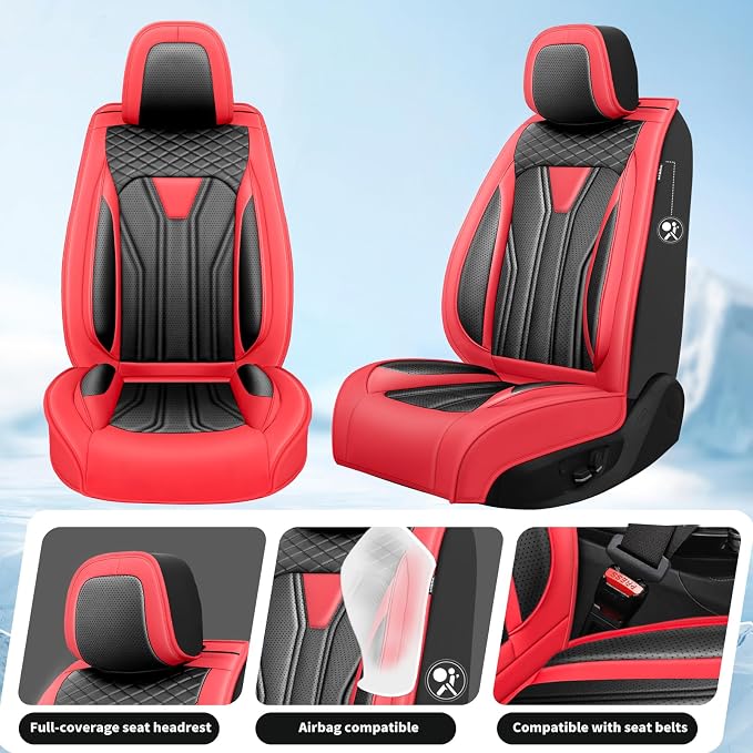 Fit Altima Car Seat Covers for Nissan Altima 2010-2025 2026- Full Set Premium Leather, Waterproof&Breathable, All-Weather Seat Cushion Protecto & Airbag Compatible, 2 Front Seat Red & Black - Image 2