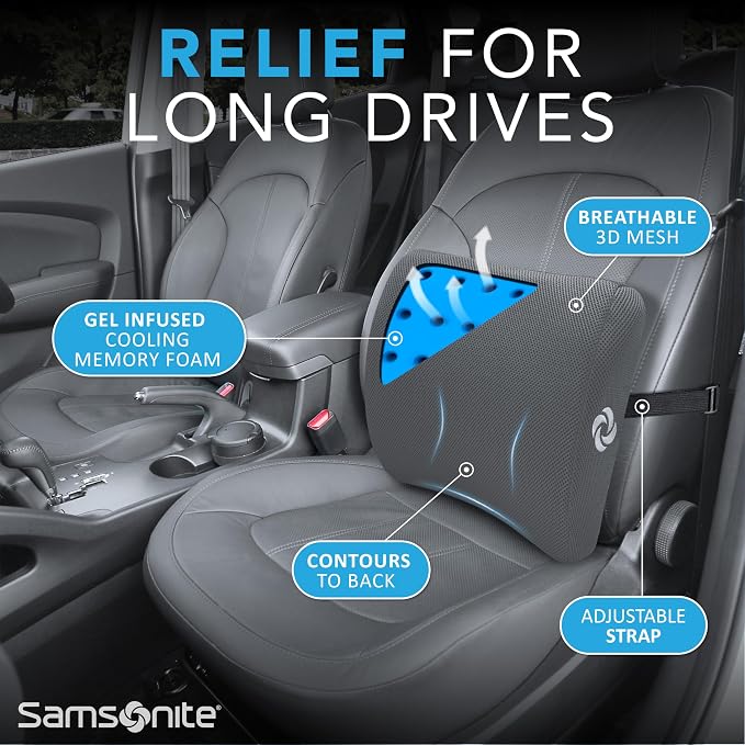 Samsonite Memory Foam Lumbar Support Pillow for Office Chair, Gaming Chair, or Car-Ergonomic Back Cushion-Home Essentials for Sitting Comfort and Posture Relief Back Support with Cooling Gel, Grey - Image 6