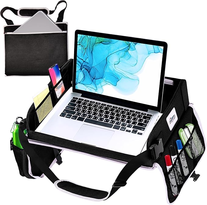 Travel Lap Desk, Portable Lapdesk for Car, Remote Work, Road Trips, School, Laptop Pad with Storage Pocket, Tablet Holder, Shoulder Strap, Fits up to 15.6-Inch Laptop (Black) by CERIZONA