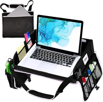 Travel Lap Desk, Portable Lapdesk for Car, Remote Work, Road Trips, School, Laptop Pad with Storage Pocket, Tablet Holder, Shoulder Strap, Fits up to 15.6-Inch Laptop (Black) by CERIZONA