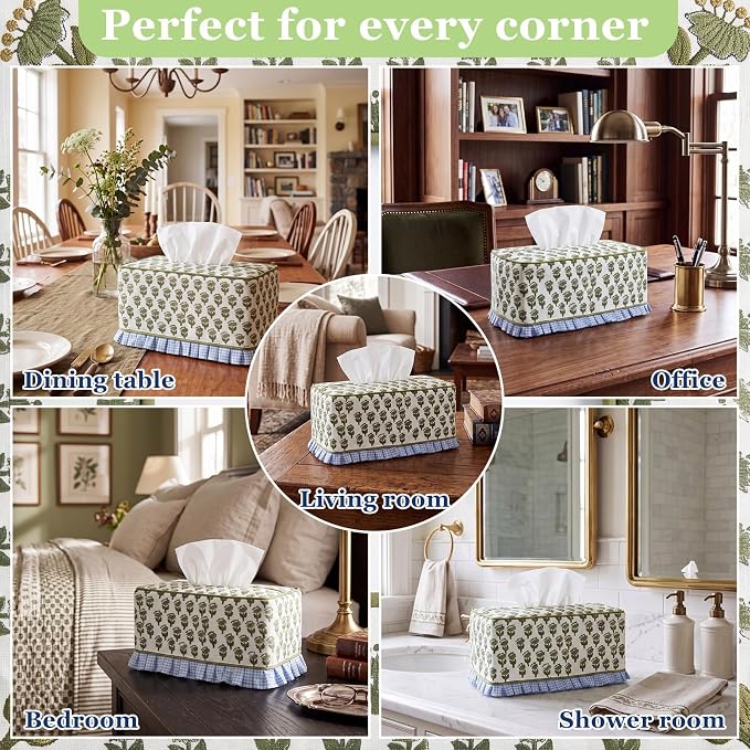 Block Print Fabric Tissue Box Cover, Hydrangea, Olive Green | Rectangular Ruffle Sleeve, Decorative Holder for Bathroom Vanity Car, Napkin Dispenser Grand Millennial Boho Decor Home - Image 6