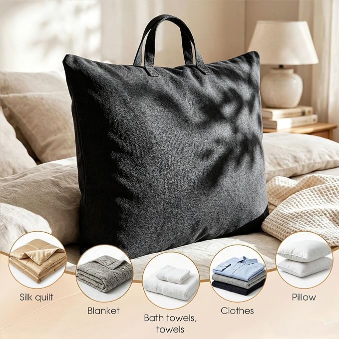 2 Pack Travel Pillow and Blanket Bags, 100% Cotton Canvas Pillow Storage Bag with Handles, Heavy Duty Breathable Organizer for Bedding Linens, Pillow Bag for Traveling(2,Black,20"x36") - Image 6