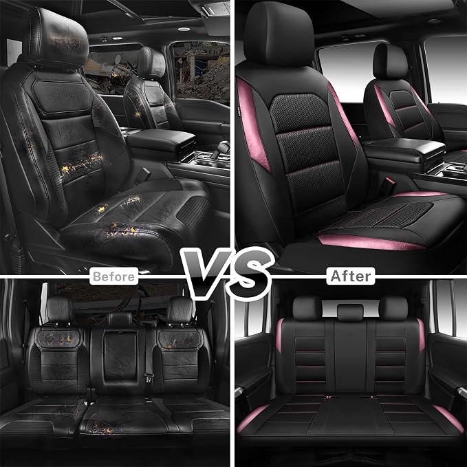 CAR PASS Memory 3D Foam Car Seat Covers Full Set, Breathable Mesh Thick Seat Covers for Car, Pink Metal Film Leather Seat Covers, Universal Automotive Comfort for SUVs Trucks, Black Pink - Image 6