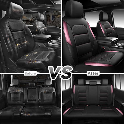 CAR PASS Memory 3D Foam Car Seat Covers Full Set, Breathable Mesh Thick Seat Covers for Car, Pink Metal Film Leather Seat Covers, Universal Automotive Comfort for SUVs Trucks, Black Pink - Image 6