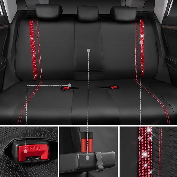 CAR Pass Bling Car Seat Covers Full Set, Shining Rhinestone Diamond Waterproof Faux Leather, Rear with Zipper, Universal Fit Automotive Glitter Crystal Sparkle Strips for Women Girl, Black Red - Image 6