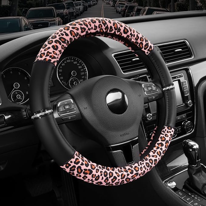 Road Comforts Leopard Steering Wheel Cover for Women, Cute Anti-Slip Microfiber Leather, Fits 14.5-15 Inch Steering Wheel 14.5-15 Inch - Black and Pink Cheetah by RoadComforts