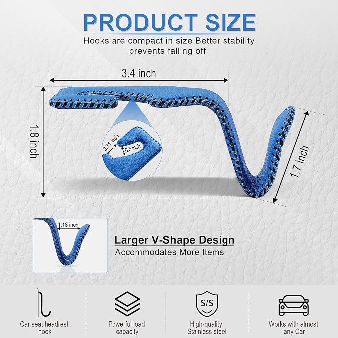 LivTee Blue Superior Leather Car Seat Back Headrest Hook, Auto Seat Hook Hangers Interior Accessories for Purse Coats Umbrellas Grocery Bags Handbag, 2-Pack - Image 3