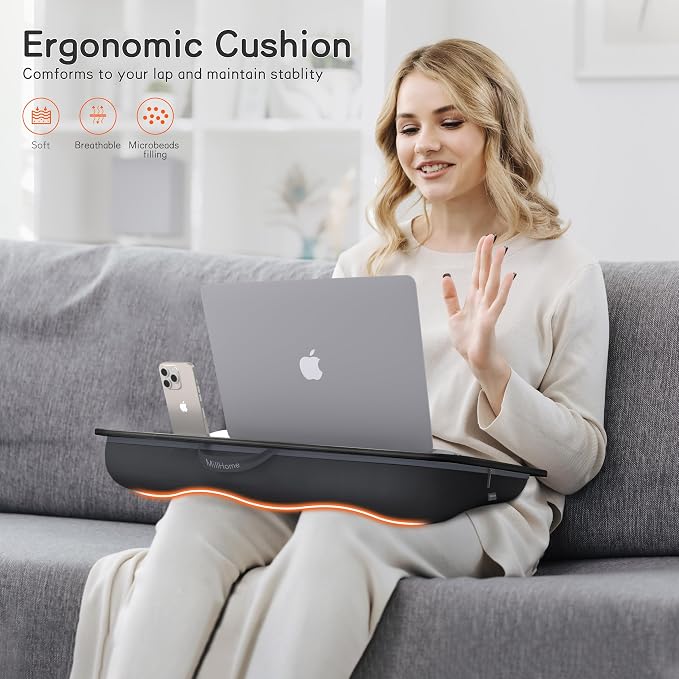 Lap Desk with Cushion, Fits up to 17 inch Laptop, Pillow Designed, Portable Laptop Stand with Tray, Pad & Phone Holder, Home Office for Bed/Couch/Car/Reading/Writing,MillHome (Black) - Image 4