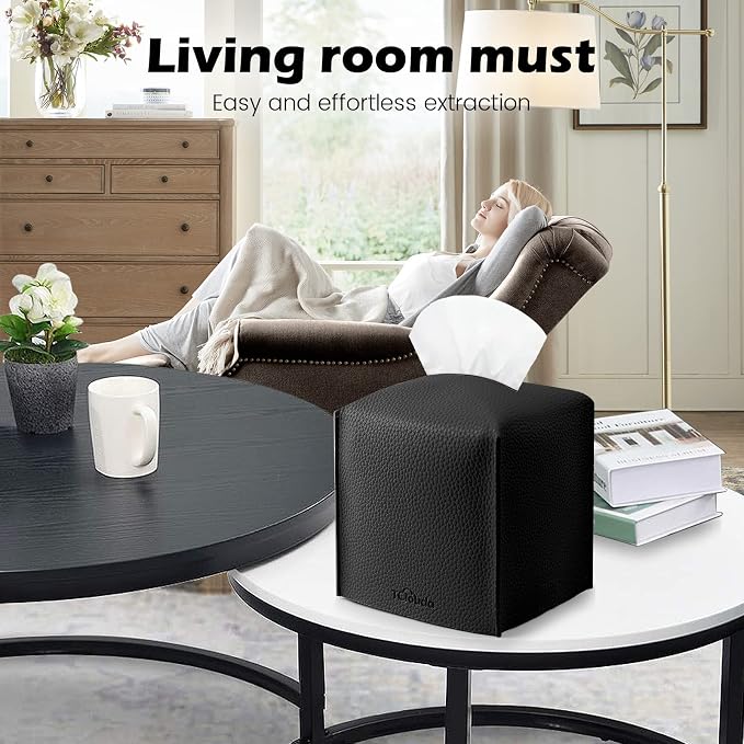 Tissue Box Cover, Tclouda, Modern PU Leather Square Tissue Box Holder for Creative Decorative, 2 Pack, Ideal for Bathrooms/Office/Car/Nightstand/Outdoor Tent/Dining Table, 5"X5"X5", Double Black - Image 3