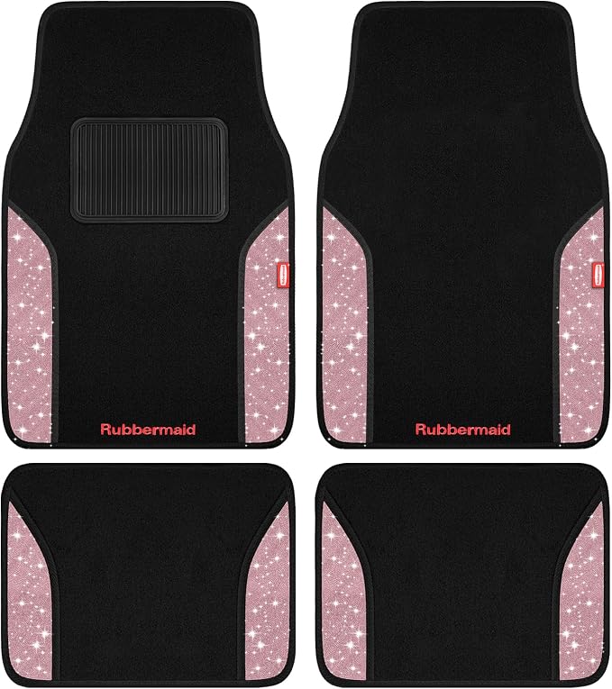 Rubbermaid Bling Car Mats, Carpeted Floor Car Mat with Faux Leather & Built-in Heel Pad, Two-Tone Car Rug Floor Mats, Stylish Carpeted Floor Mats for Cars, Trucks & SUVs Glitter Pink Color by Unknown