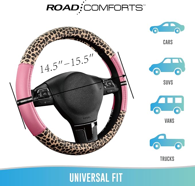 Road Comforts Leopard Steering Wheel Cover for Women, Cute Anti-Slip Microfiber Leather, Universal Fit 14.5-15 Inch Round Steering Wheel - Pink - Image 6
