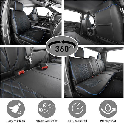 EKR Ram 1500 Seat Covers Custom Fit for (Crew Cab) RAM 1500 Tradesman 2019-2025 & Express 2026,Waterproof Leather Black Car Seat Cover for Trucks Full Set-Faux Leather (Black with Blue Piping) - Image 4
