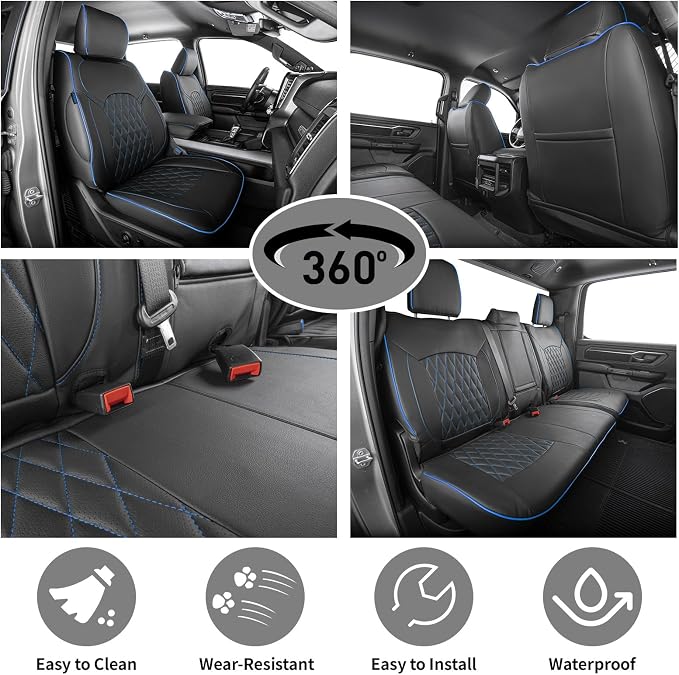 EKR Ram 1500 Seat Covers Custom Fit for (Crew Cab) RAM 1500 Laramie/Limited/Longhorn/Rebel 2019-2026 &Big Horn 2026,Waterproof Car Seat Cover for Trucks Full Set-Faux Leather(Black with Blue Piping) - Image 4
