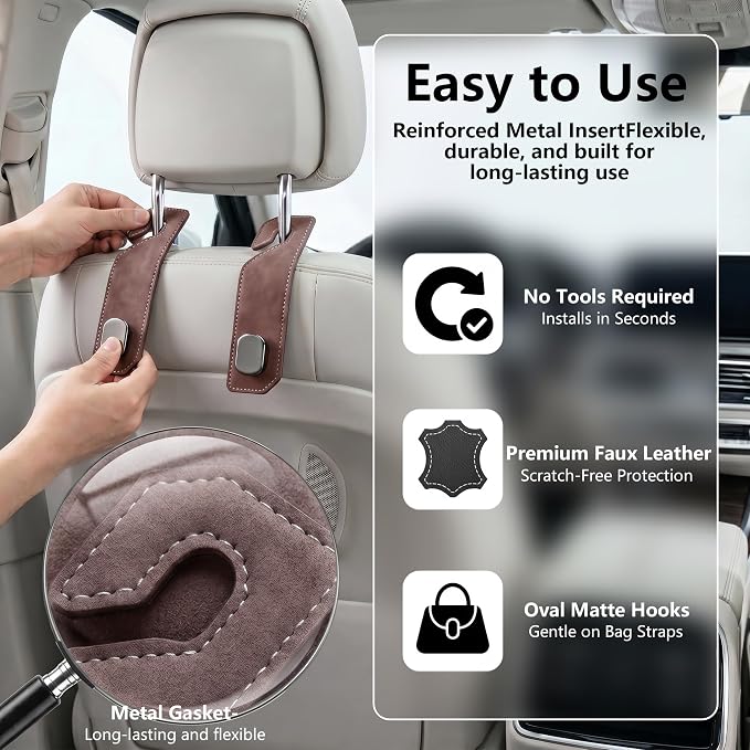 Purse Hook for Car Seat Headrest, Suede Car Purse Hook, Heavy Duty Car Hook Organizer for Handbags, Grocery Bags & Backpacks, Universal Car Hooks for SUV Truck Interior(Brown,2pcs) - Image 5