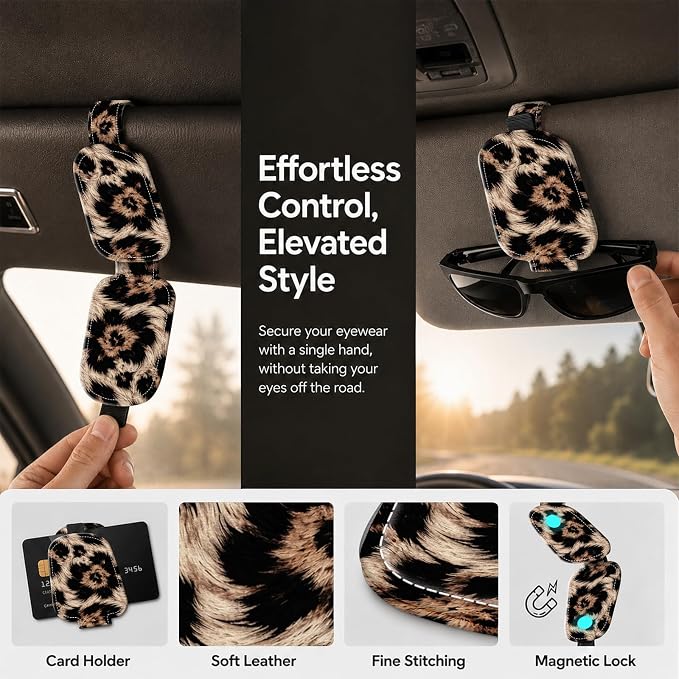 Sunglasses Holder for Car Visor, PU Leather Glasses Clip Organizer, Cute Magnetic Eyeglass Holder for Vehicle Sun Visor, Car Interior Accessory for Women & Men, Leopard Classic - Image 5