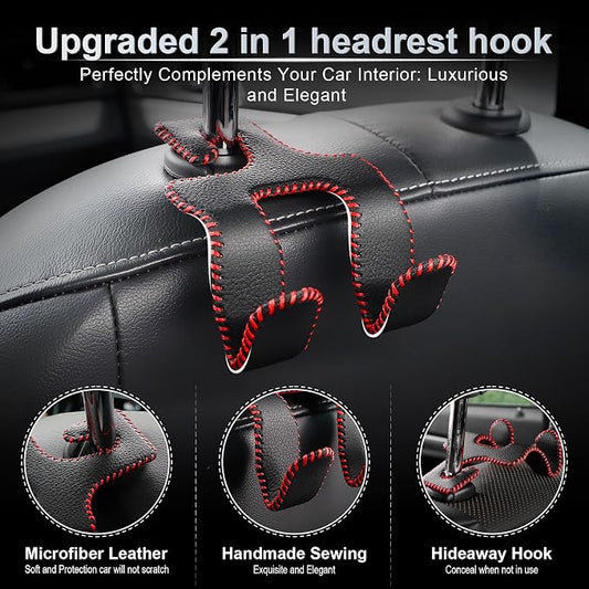 LivTee Upgraded Superior Leather Car Seat Back Headrest Hook, 2 in 1 Auto Seat Hook Hangers Holder Organization Interior Accessories for Purses Coats Umbrellas Grocery Bags Handbag (Black/Red) - Image 2