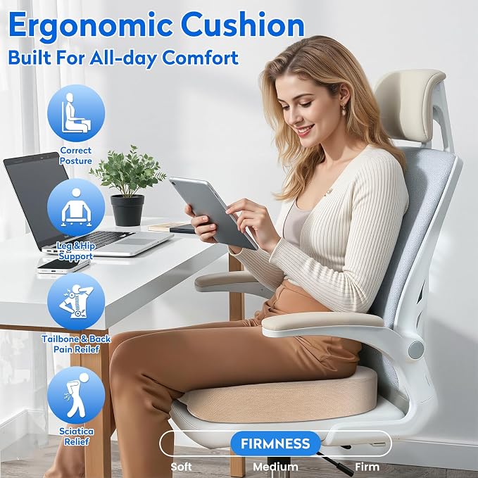 CushZone XL Memory Foam Seat Cushion for Office, Car & Wheelchair, Khaki | U-shaped Coccyx Cutout, Contoured Design, Breathable Removable Mesh Cover, Non-Slip Base, Carry Handle - Image 6