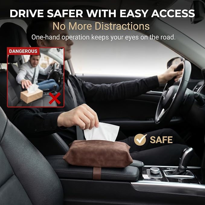 1 PC Car Tissue Holder, Soft-Leather Car Napkin Holder for Seat Back Armrest, Easy Access While Driving, Universal for Most Cars, Trucks, SUVs (Brown #1) - Image 6