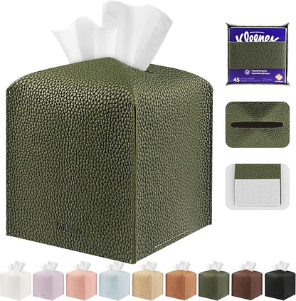 Tissue Box Cover Holder Square Tissue Cube Cover PU Leather Tissue Organizer with Bottom Belt for Bathroom, Tabletop, Car, Night Stands, Office, Home, Kitchen (1, OliveGreen) by DecorateYourHome