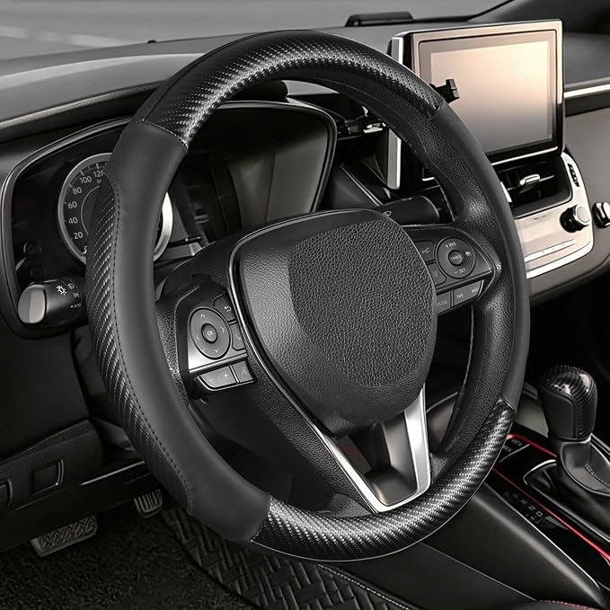 SEG Direct Steering Wheel Cover 14"-14.25" Heavy-Duty Black Carbon Pattern | For Model 3 / Y Prius Civic Camaro Rogue, Non-Folding Packaging, Heavy Duty, Microfiber Leather, Auto Interior Accessories by SEGDirect