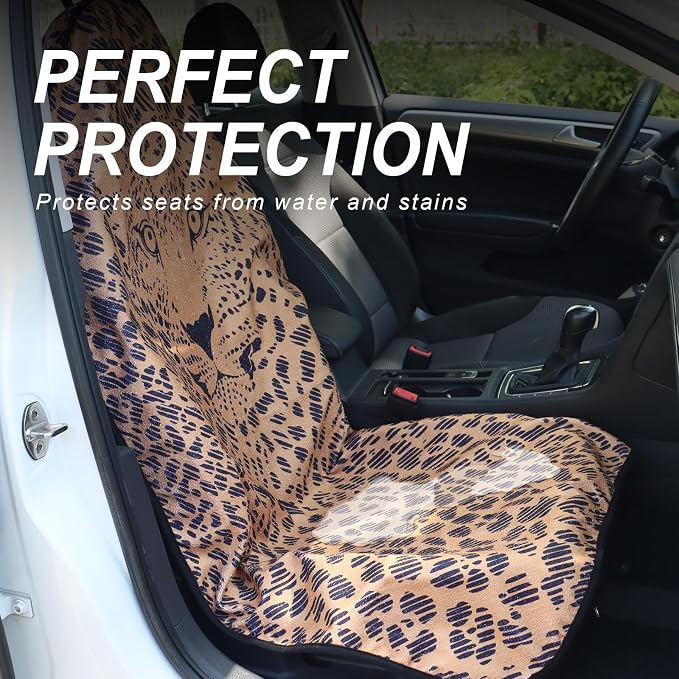 Sweat Towel Car Seat Cover Protector Front Seats for Gym Workout, Running, Swimming, Beach and Hiking, Waterproof Universal Seat Cover for Car, Trucks, Van & SUV (1, Leopard Head, Front) - Image 3