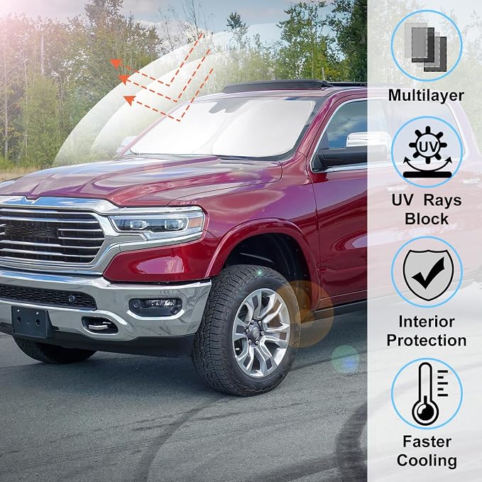 Windshield Sun Shade for 2010-2025 2026 Dodge RAM 2500 3500 | Full covered, Foldable & Durable, Block UV Rays, Reduce Heat, Easy to install, Keep Car Cooler - Image 2