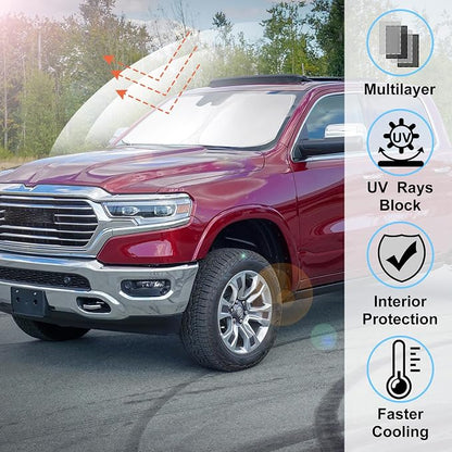 Windshield Sun Shade for 2010-2025 2026 Dodge RAM 2500 3500 | Full covered, Foldable & Durable, Block UV Rays, Reduce Heat, Easy to install, Keep Car Cooler - Image 2