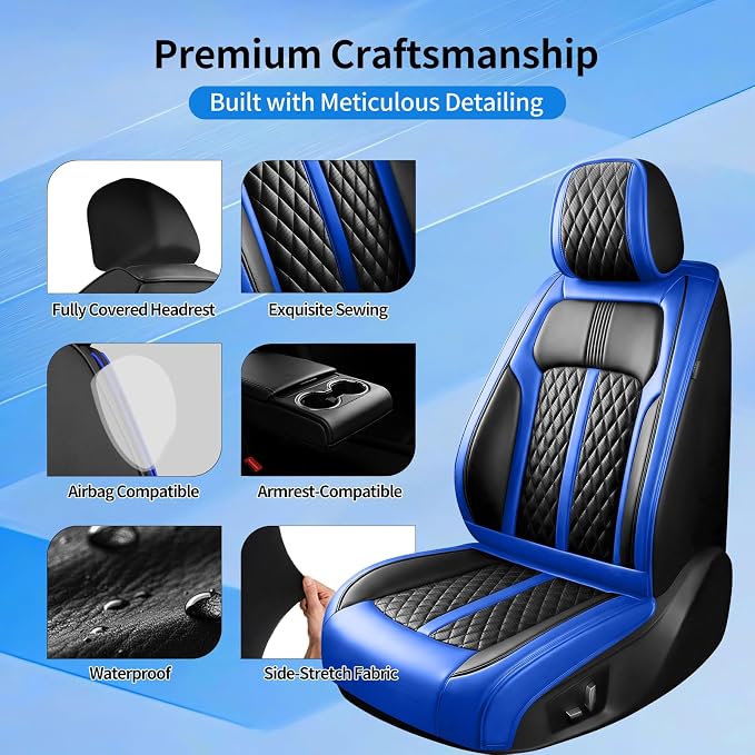 Fit CX-9 Seat Covers Custom Fit for Mazda CX-9 2007-2024, Front Pair | Premium Leather Full Coverage Protectors, Waterproof, Breathable, Scratch Resistant, Easy Wipe, Airbag Compatible, Black+Blue - Image 7