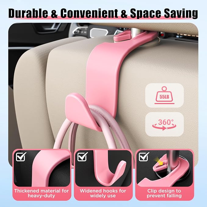 Amooca Car Seat Headrest Hooks 4-Pack Storage Organizer Holds 55 lbs | Universal Fit Most Car/SUV/Truck, Anti-drop, Hanger for Backpack Umbrella Water Bottle Coat Purses Handbags Groceries, Pink - Image 3