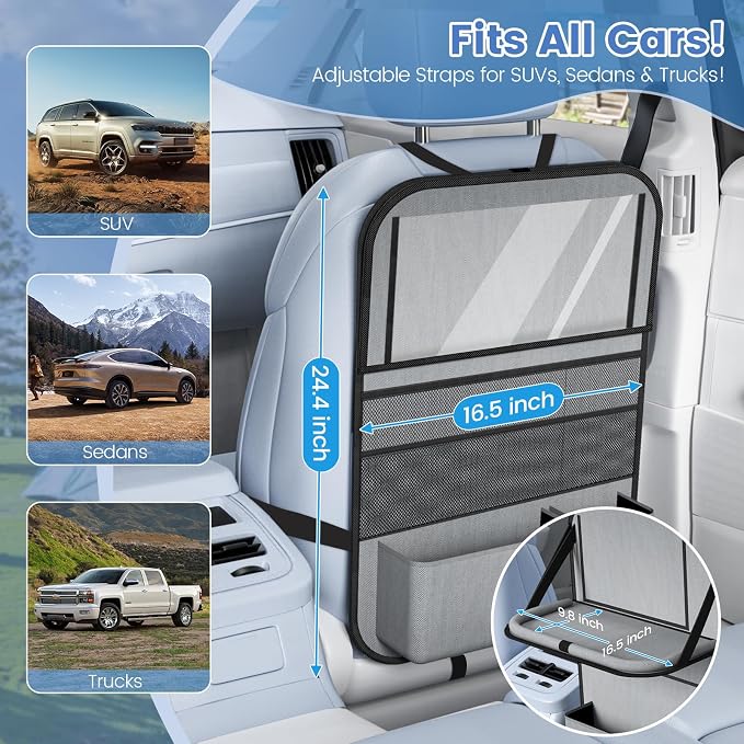 2PACK-Car Backseat Organizer with Touch Screen Tablet Holder,9 Storage Pockets Storage Organizer with Foldable Food Tray, Protector Kick Mats for Kids, Travel Accessories Organizer (Grey) - Image 2