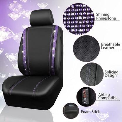 CAR PASS Bling Diamond Car Seat Covers Full Set,Shining Rhinestone Waterproof Faux Leather,Rear with Zipper,Universal Fit Automotive Glitter Crystal Sparkle Strips for Women,Violet Purple Rhinestone - Image 3