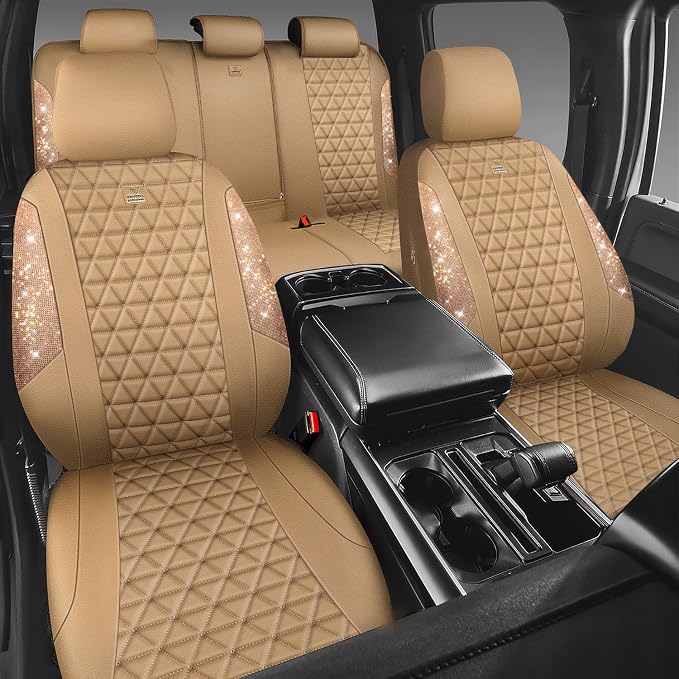 CAR PASS Bling Diamond Beige Leather Car Seat Covers Full Sets Interior Set, Waterproof Shining Glitter Sparkly Crystal Universal Armrest Fit for Automotive Truck SUV Cute Women Girl, Beige Rhinestone - Image 3