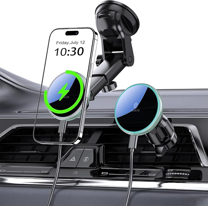 for Mag-Safe Car Mount Charger Dash Windshield Vent Magnetic Phone Holder | Wireless Car Charger with LED Light Car Phone Holder for iPhone 17 16 15 14 13 12 Series for MagSafe Green by MOKPR