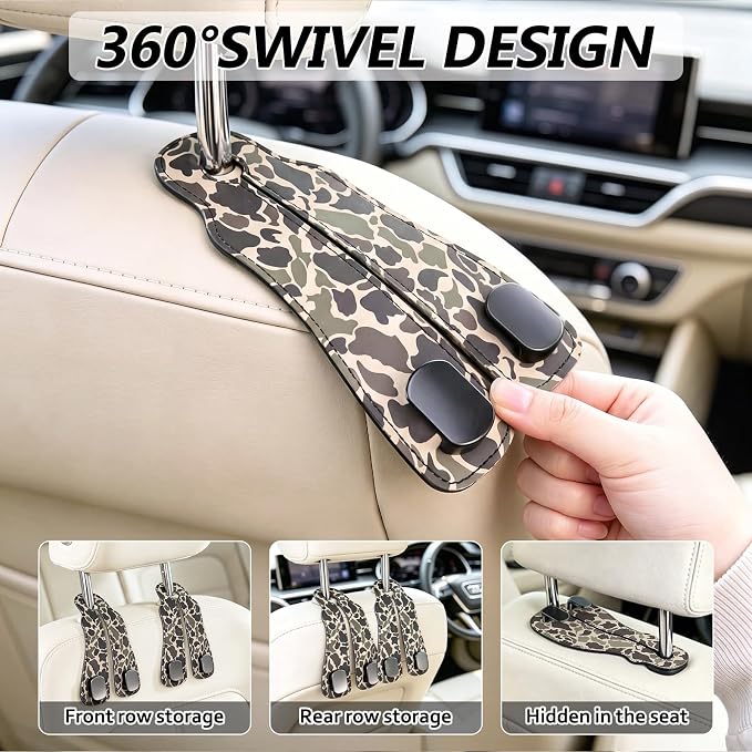 Cute Camo Car Seat Back Storage Headrest Hooks for Purses & Bags – 2PCS PU Leather Dual Metal Hooks, Backseat Organizer Accessories - Image 4